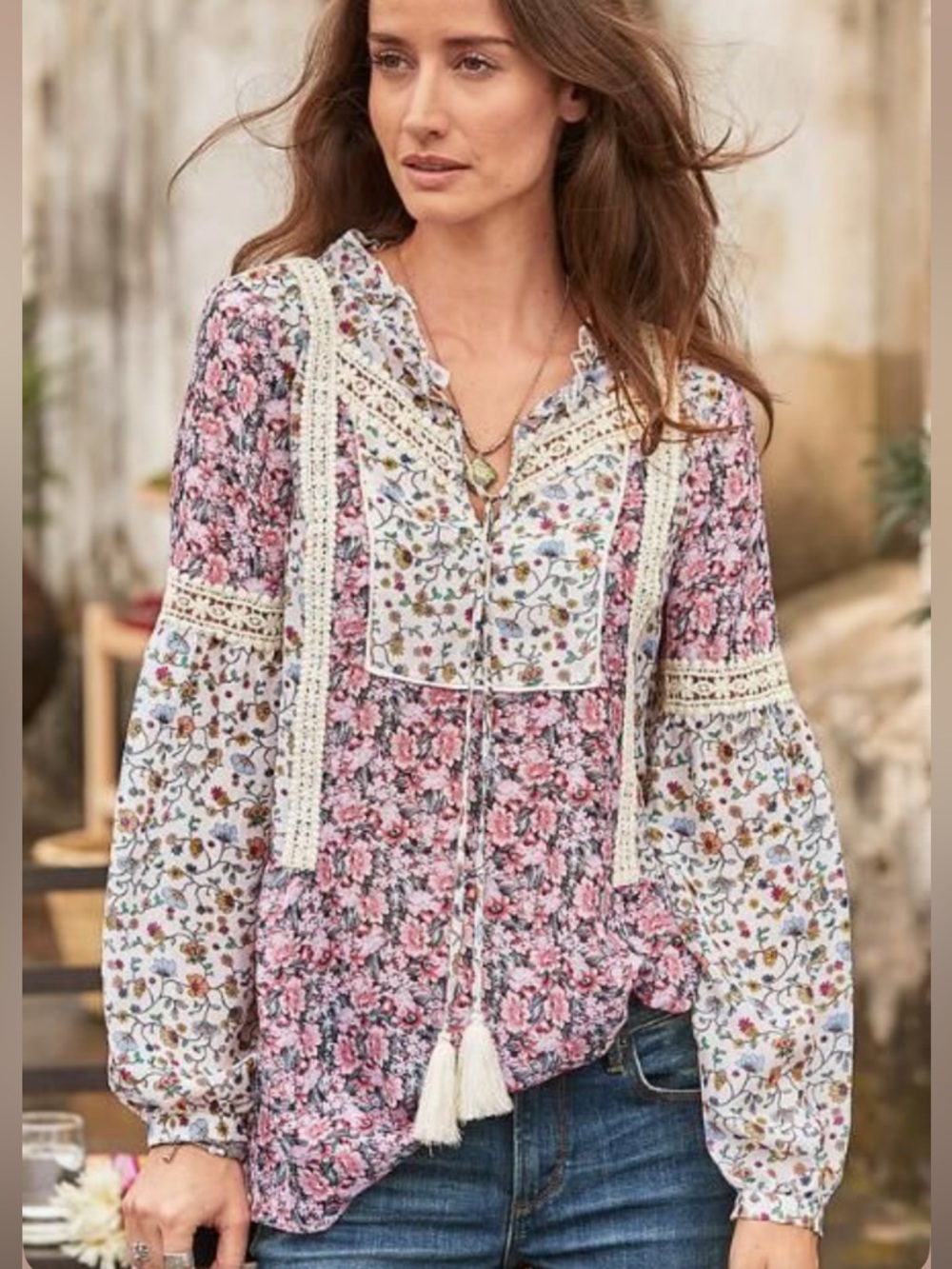 Sundance Silk Floral Blouse Lace Tassels Long Sleeve